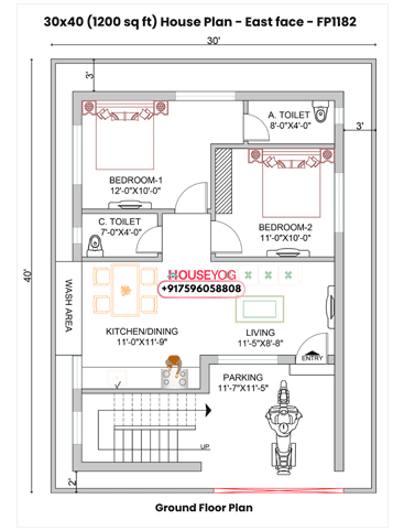 30x40 Single Floor 2 BHK East Facing Indian House Plan