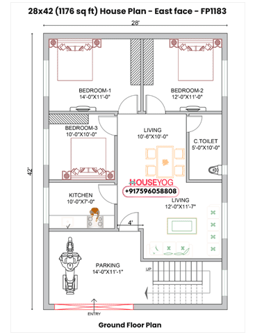 28x42 House Plan East Facing - 3BHK Single Floor Layout with Parking | 1176 sq ft