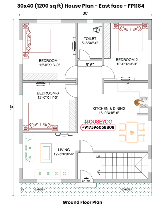 30x40 house plan east facing - 3bhk single floor layout | 1200 sq ft