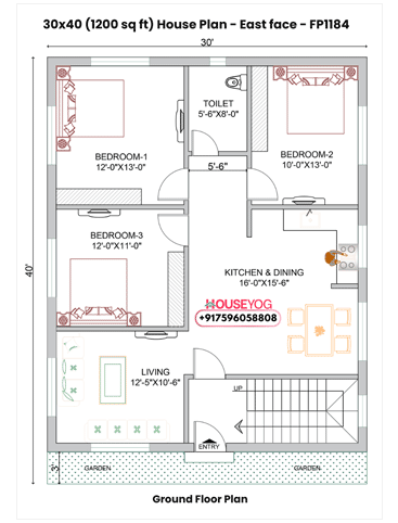 30x40 House Plan East Facing - 3BHK Single Floor Layout | 1200 sq ft