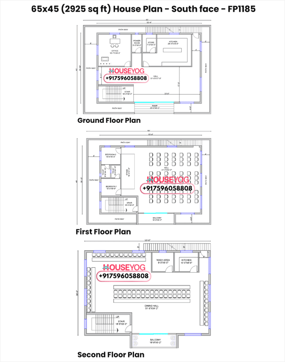 65x45 south facing banquet hall plan - 3 storey marriage hall design (2950 sq ft)
