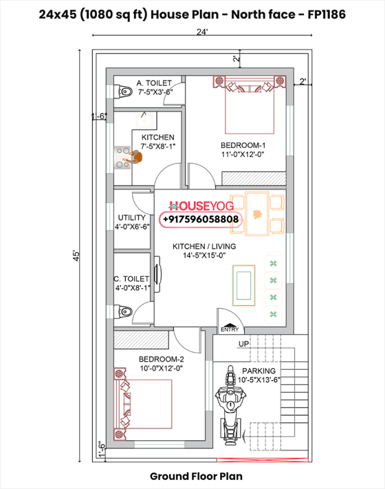 24x45 north facing house plan - 2bhk single storey design with parking (1080 sq ft)