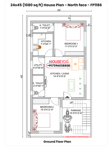 24x45 North Facing House Plan - 2BHK Single Storey Design with Parking (1080 Sq Ft)