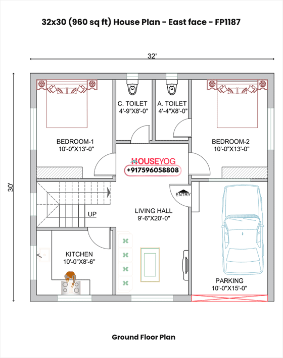 32x30 house plan east facing – 2bhk single floor layout with car parking (960 sq ft)