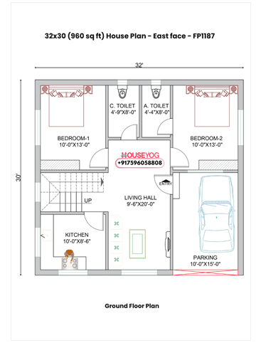32x30 House Plan East Facing – 2BHK Single Floor Layout with Car Parking (960 sq ft)