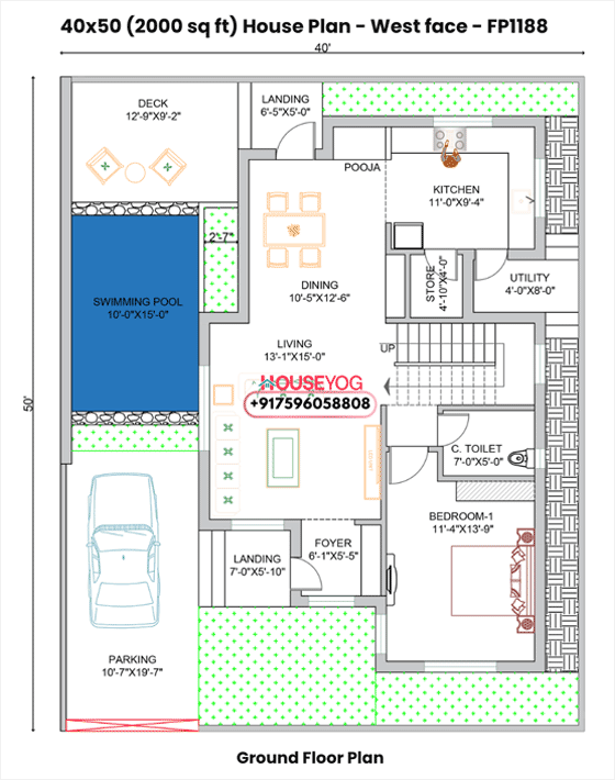 40x50 house plan west facing – 3bhk duplex layout with car parking & pool (2000 sq ft)