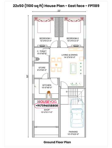 22x50 House Plan East Facing - 2BHK Single Storey Layout with Shop & Car Parking (1100 sq ft)