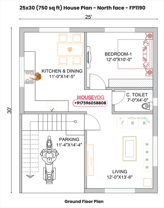 25x30 house plan north facing – 1bhk + guest room layout with parking (750 sq ft)