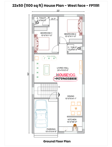22x50 House Plan West Facing – 2BHK, Parking in 1100 sq ft at Hazaribagh