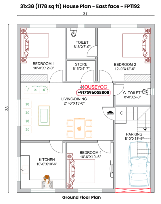 31x38 house plan west facing – 3bhk single floor with parking (1178 sq ft) at dumka