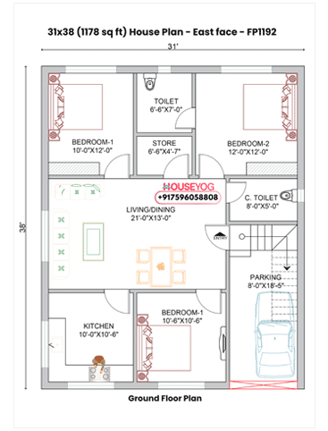31x38 House Plan West Facing – 3BHK Single Floor with Parking (1178 sq ft) at Dumka