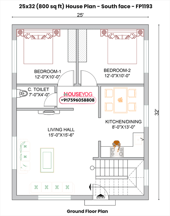 25x32 house plan south facing – 2bhk single floor layout (800 sq ft) | ramgarh