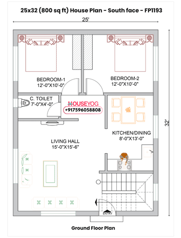 25x32 House Plan South Facing – 2BHK Single Floor Layout (800 sq ft) | Ramgarh