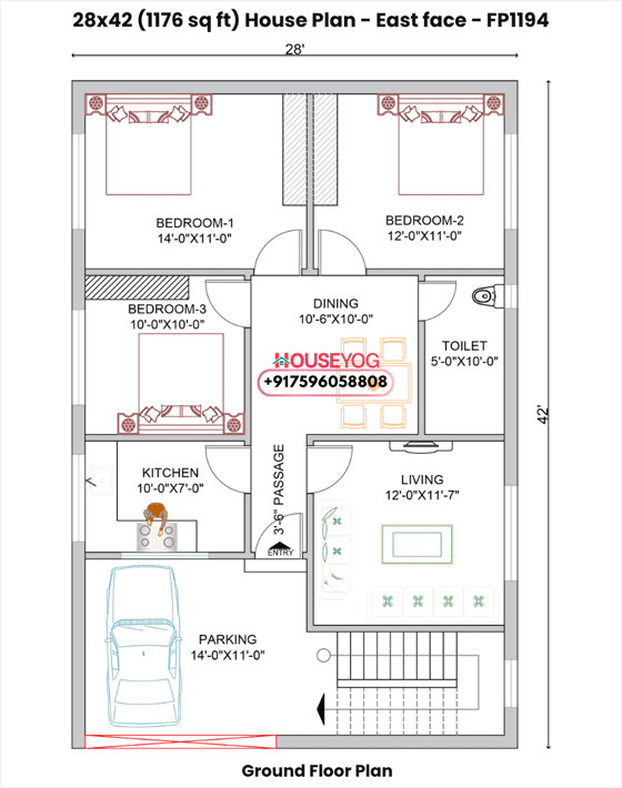 28x42 house plan east facing – 3bhk single floor layout with parking (1176 sq ft) in madhubani
