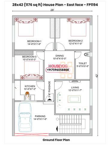 28x42 House Plan East Facing – 3BHK Single Floor Layout with Parking (1176 sq ft) in Madhubani