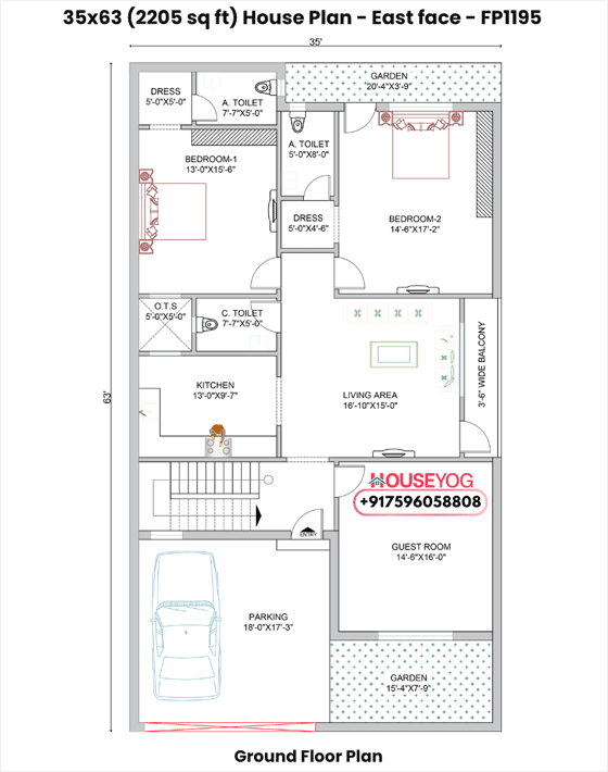 35x63 east facing 3bhk house plan (2205 sq ft) - spacious single floor layout
