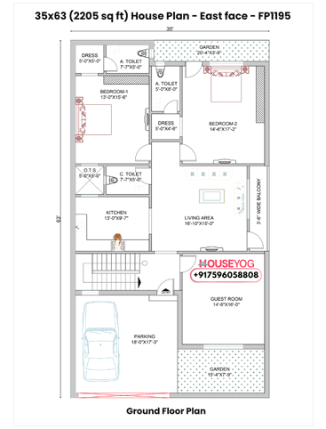 35x63 Single Floor 3 BHK East Facing Indian House Plan