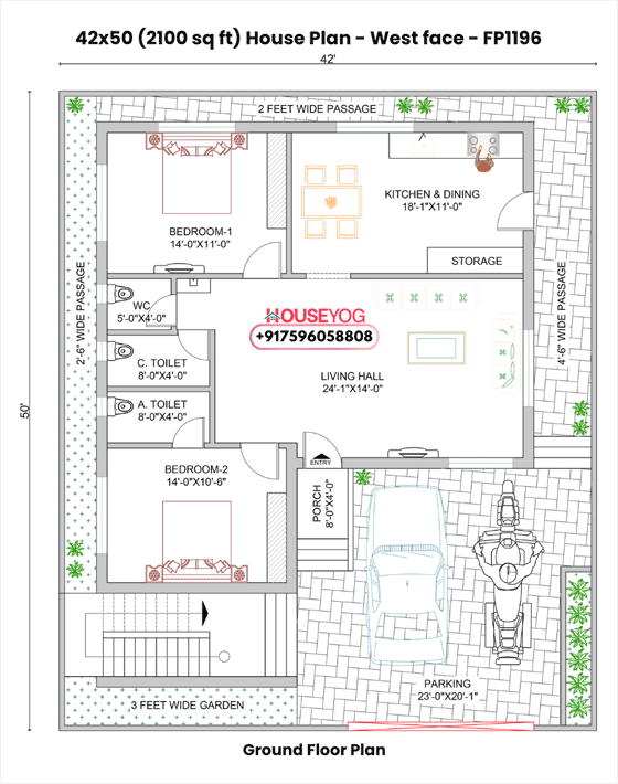42x50 west facing single floor 2bhk house plan with big hall & parking , at darbhanga