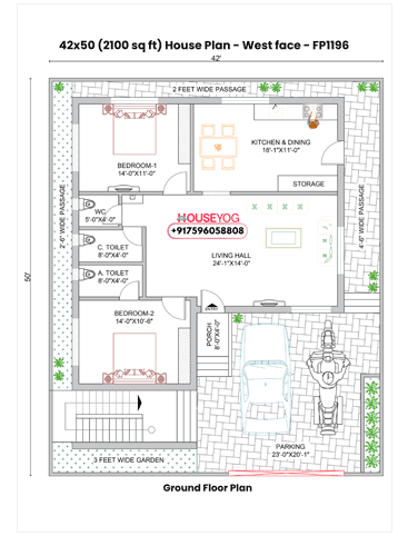 42x50 Single Floor 2 BHK West Facing Indian House Plan