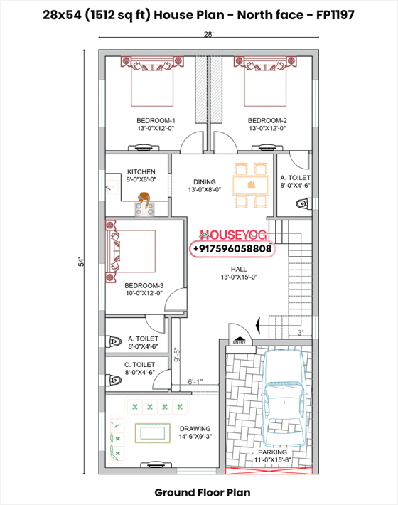 28x54 north facing 3bhk single floor house plan (1512 sq ft) - spacious indian home layout