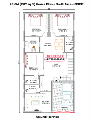 28x54 North Facing 3BHK Single Floor House Plan (1512 sq ft) - Spacious Indian Home Layout