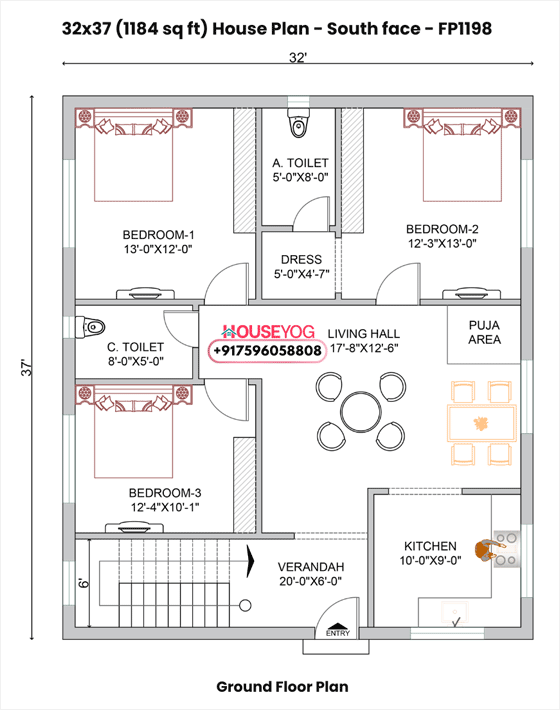 32x37 house plan south facing - 3bhk 1184 sq ft single floor layout (free pdf)