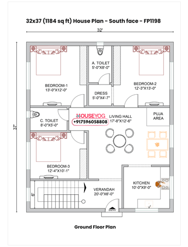 32x37 House Plan South Facing - 3BHK 1184 Sq Ft Single Floor Layout (Free PDF)