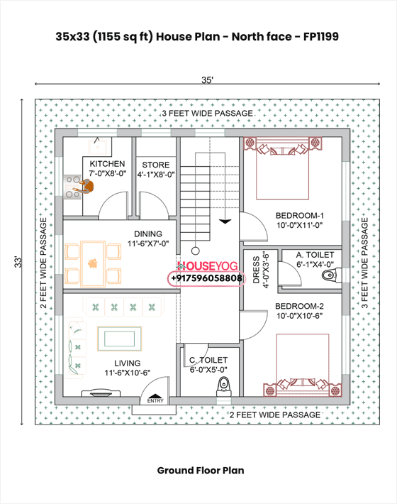 35x33 house plan north facing – 2bhk 1155 sq ft single floor layout (get pdf)