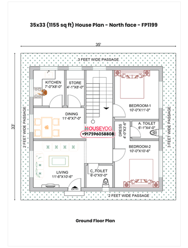 35x33 House Plan North Facing – 2BHK 1155 Sq Ft Single Floor Layout (Get PDF)