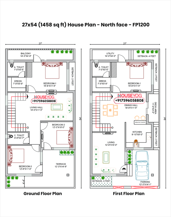 27x54 house plan north facing - 4bhk duplex home design (1458 sq ft layout)