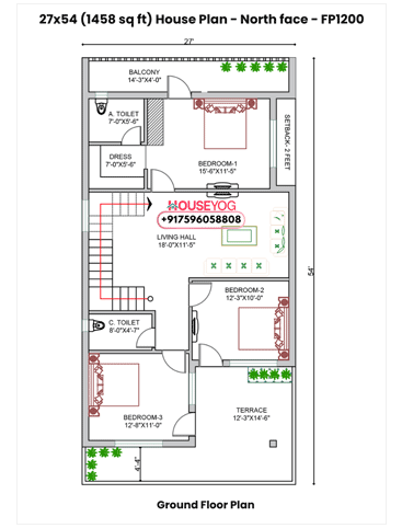 27x54 House Plan North Facing - 4BHK Duplex Home Design (1458 Sq Ft Layout)