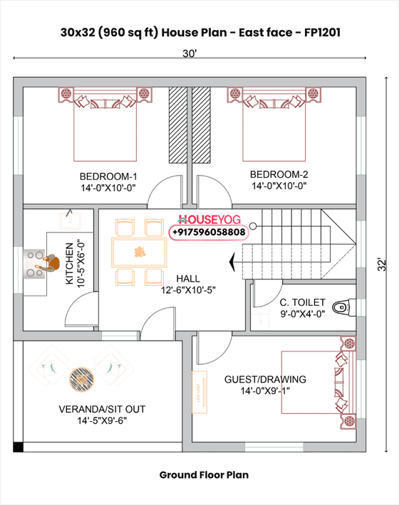 30x32 house plan east facing - spacious 3bhk village home design (960 sq ft layout)