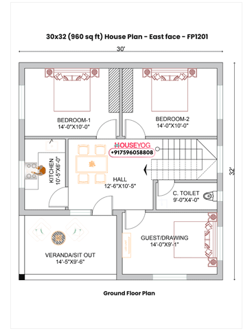 30x32 House Plan East Facing - Spacious 3BHK Village Home Design (960 Sq Ft Layout)