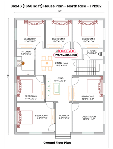 36x46 Single Floor 7 BHK North Facing Indian House Plan