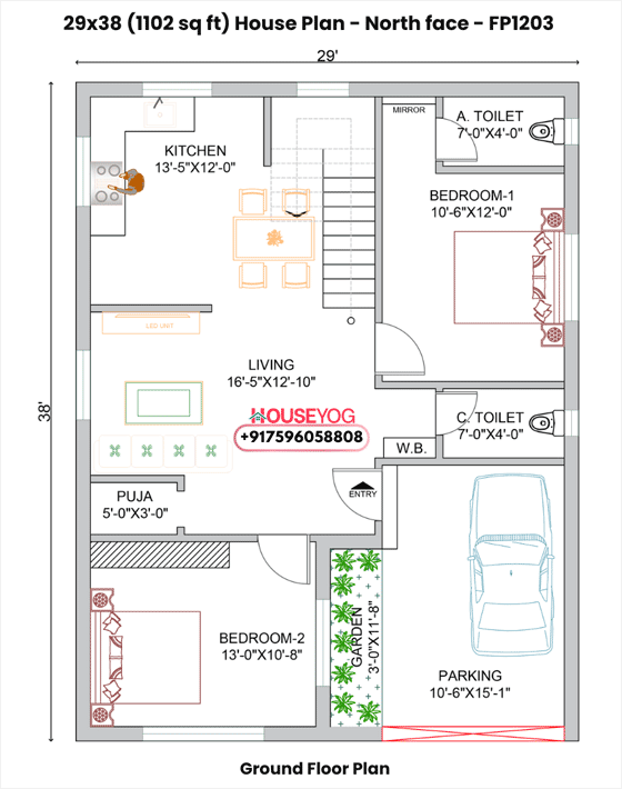 29x38 house plan north facing – 2bhk home design with parking & garden (1102 sq ft layout)
