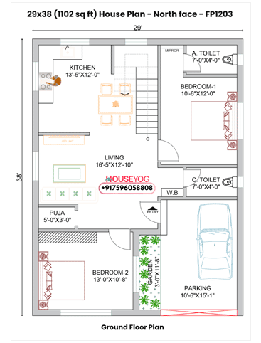 29x38 House Plan North Facing – 2BHK Home Design with Parking & Garden (1102 Sq Ft Layout)