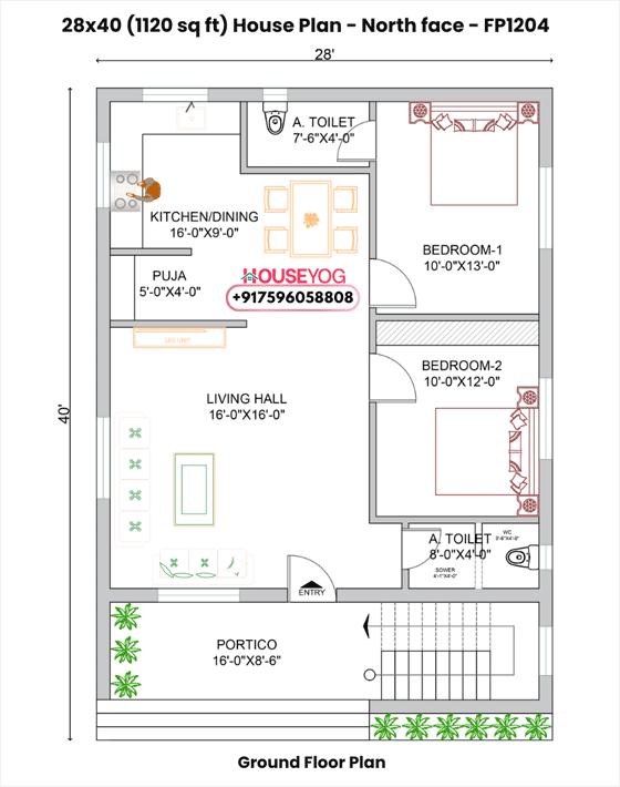 28x40 north facing 2bhk house plan (1120 sq ft) single floor layout