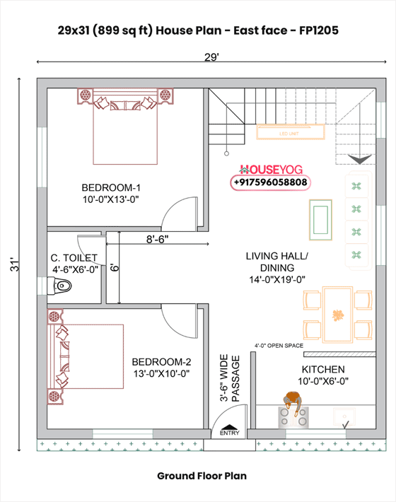 29x31 house plan east facing - 2bhk single floor home design (899 sq ft layout)