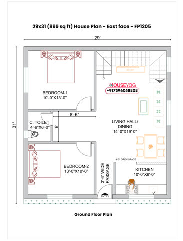 29x31 House Plan East Facing - 2BHK Single Floor Home Design (899 Sq Ft Layout)