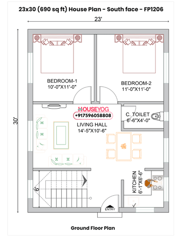23x30 2BHK House Plan (690 Sq Ft) - South Facing Single Floor Design