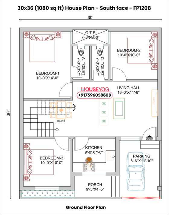 3bhk house plan with parking & garden (1080 sq ft) - south-facing single floor design