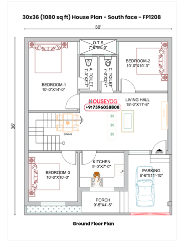 3BHK House Plan With Parking & Garden (1080 Sq Ft) - South-Facing Single Floor Design