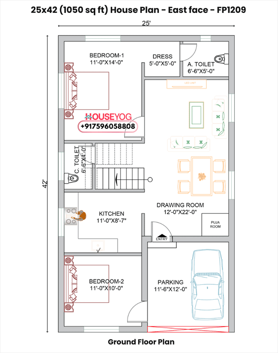 2bhk house plan with car parking (1050 sq ft) – east-facing single floor design
