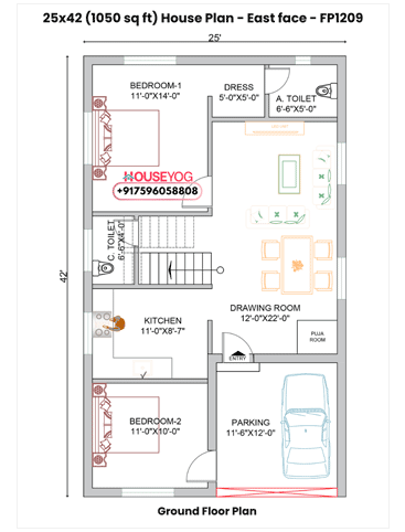 2BHK House Plan With Car Parking (1050 Sq Ft) – East-Facing Single Floor Design