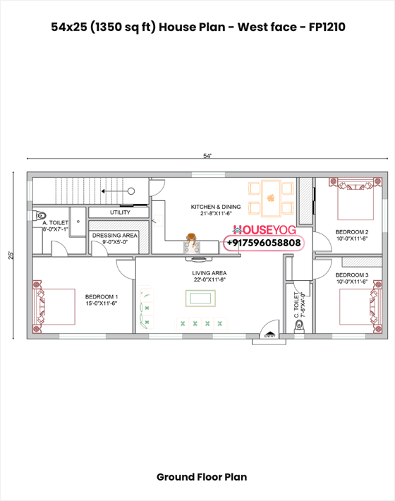 3BHK House Plan West Facing Single Floor (1350 Sq Ft) With Big Hall