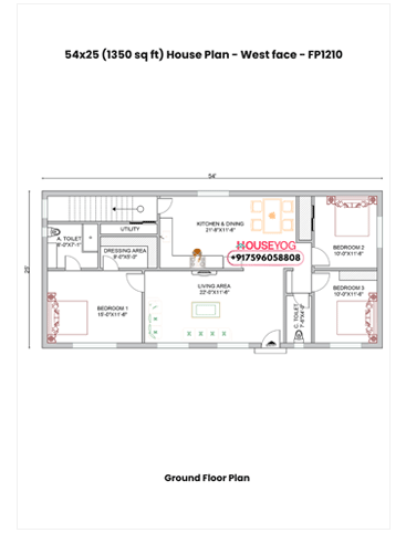 54x25 Single Floor 3 BHK West Facing Indian House Plan