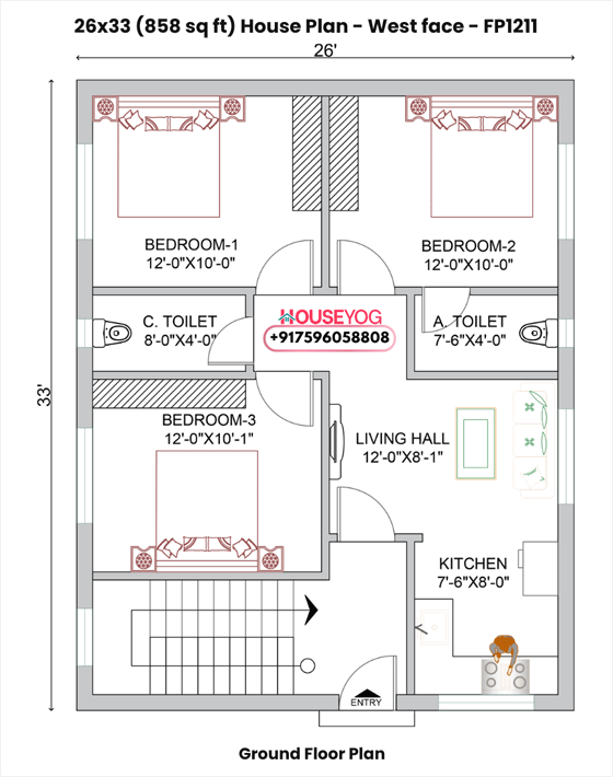 3bhk house plan west facing single floor (under 900 sq ft) – compact home design