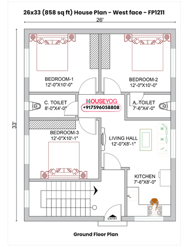 3BHK House Plan West Facing Single Floor (Under 900 Sq Ft) – Compact Home Design