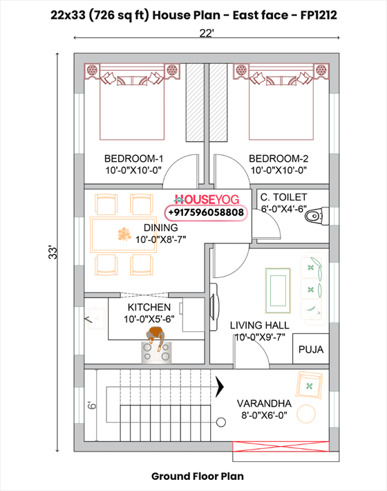 2 bedroom east facing house plan (22×33) - single floor 2bhk house plan pdf