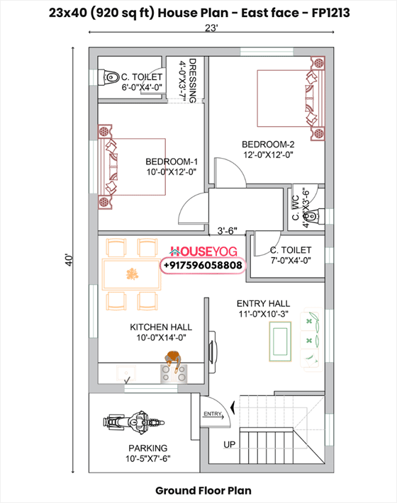 2 bedroom house plan with porch - 23x40 east facing 2 bhk house plan (920 sq ft)